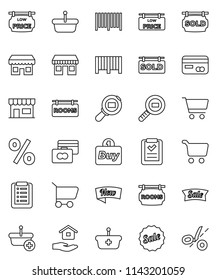 thin line vector icon set - house hold vector, cart, credit card, office, cargo search, rooms signboard, sold, low price, sale, new, percent, store, buy, barcode, basket, shopping list, coupon
