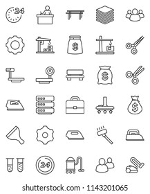 thin line vector icon set - scraper vector, vacuum cleaner, iron, student, case, money bag, horizontal bar, big scales, group, vial, scissors, data, gear, bench, construction crane, 24 hour