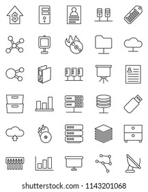 thin line vector icon set - presentation vector, archive, personal information, graph, dollar growth, binder, board, barcode, music hit, social media, network, server, folder, cloud, big data, hub