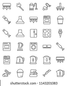 thin line vector icon set - vacuum cleaner vector, bucket, kettle, scales, oven, blender, air conditioner, fridge, washer, coffee maker, hood