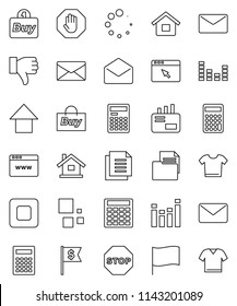 thin line vector icon set - calculator vector, flag, arrow up, dollar, document, equalizer, finger down, mail, stop button, browser, loading, house, buy, clothes