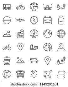 thin line vector icon set - camping cauldron vector, backpack, compass, school bus, world, bike, signpost, navigator, earth, map pin, Railway carriage, plane, ship, route, globe, mountain