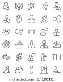 thin line vector icon set - student vector, manager, man, horizontal bar, stairways run, client, speaking, social media, group, doctor, gender sign, head bandage, medical room, share, login