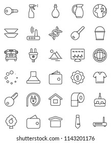 thin line vector icon set - bucket vector, sprayer, toilet paper, oil, plates, jug, cake, school bus, world, wallet, tie, medal, dry cargo, dna, diagnostic monitor, router, loading, fruit tree, key