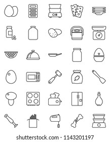 thin line vector icon set - plates vector, pan, oil, colander, cook timer, spatula, meat hammer, grater, mixer, oven, double boiler, dish, jar, cereal, egg, pasta, mushroom, potato, pills vial