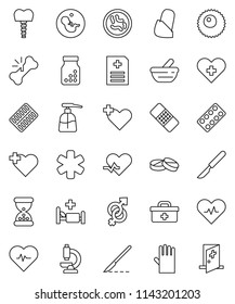 thin line vector icon set - liquid soap vector, rubber glove, heart pulse, cross, doctor bag, ambulance star, gender sign, pregnancy, scalpel, broken bone, sand clock, patch, pills, bottle, blister