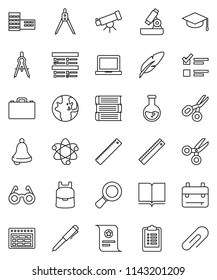thin line vector icon set - book vector, graduate hat, pen, school building, ruler, drawing compass, glasses, case, backpack, atom, telescope, microscope, bell, notebook pc, schedule, certificate