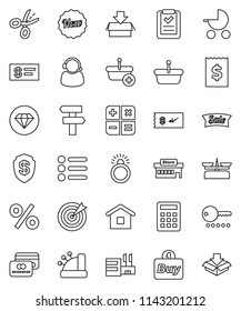 thin line vector icon set - receipt vector, credit card, sale, new, percent, mall, support, target, buy, cashbox, basket, home, shopping list, calculator, check, coupon, diamond ring, baby stroller