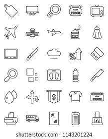 thin line vector icon set - towel vector, window cleaning, knife, cutting board, hand mill, school building, bus, percent growth, dollar flag, scales, t shirt, water bottle, route, plane, tv, usb