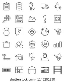 thin line vector icon set - route vector, signpost, earth, attention, satellite, phone 24, support, traking, ship, sea container, delivery, calendar, receipt, consolidated cargo, clipboard, dry