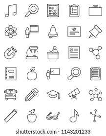 thin line vector icon set - copybook vector, graduate hat, pencil, blackboard, ruler, glasses, student, case, apple fruit, atom, telescope, bell, table lamp, clipboard, paper pin, certificate, music