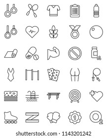 thin line vector icon set - measuring vector, heart pulse, clipboard, pills vial, jump rope, horizontal bar, fitball, muscule hand, buttocks, boxing glove, swimsuite, t shirt, roller Skates, target
