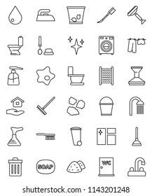 thin line vector icon set - soap vector, plunger, scraper, fetlock, rake, bucket, trash bin, water drop, car, shining, window cleaning, splotch, iron, toilet, drying clothes, brush, washer, liquid