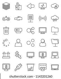 thin line vector icon set - trash bin vector, student, notebook pc, monitor dollar, cursor, support, top sign, hdmi, diagnostic, network folder, cloud lock, exchange, big data, lan connector, share
