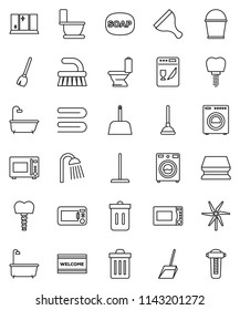 thin line vector icon set - soap vector, plunger, scraper, broom, fetlock, mop, scoop, bucket, sponge, towel, trash bin, welcome mat, bath, toilet, washer, shining window, shower, microwave oven
