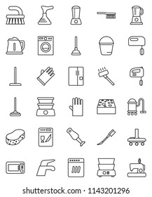 thin line vector icon set - plunger vector, water tap, vacuum cleaner, fetlock, mop, bucket, sponge, car, rubber glove, kettle, double boiler, blender, fridge, washer, dishwasher, mixer