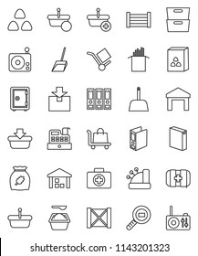 thin line vector icon set - scoop vector, washing powder, cereal, pasta, archive, binder, safe, first aid kit, wood box, cargo, warehouse, package, search, radio, cashbox, basket, trolley