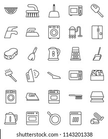 thin line vector icon set - broom vector, water tap, vacuum cleaner, fetlock, scoop, sponge, iron, steaming, washer, pan, kettle, colander, grater, microwave oven, fridge, dishwasher