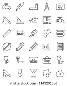 thin line vector icon set - water tap vector, splotch, welcome mat, washboard, rolling pin, pen, pencil, corner ruler, drawing compass, glass, tulip, big scales, Railway carriage, hdmi, broken bone