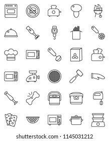 thin line vector icon set - pan vector, colander, scales, cook hat, glove, skimmer, ladle, meat hammer, mixer, microwave oven, blender, bbq, sieve, dish, cereal, pasta, mushroom, breads, no fastfood