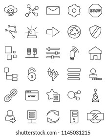thin line vector icon set - antenna vector, internet, social media, network, server, cloud exchange, browser, gear, equalizer, menu, shield, usb modem, home, favorites, arrow, refresh, loading, mail