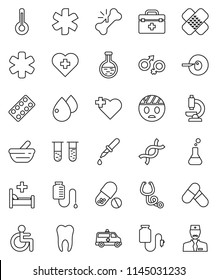 thin line vector icon set - pills vector, heart cross, doctor bag, ambulance star, disabled, thermometer, flask, vial, gender sign, dna, insemination, dropper, broken bone, patch, stethoscope, tooth