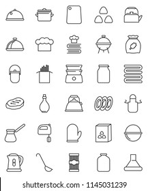 thin line vector icon set - pan vector, camping cauldron, kettle, oil, cook hat, apron, glove, towel, ladle, cutting board, turk coffee, mixer, double boiler, cookbook, bbq, plates, dish, jar, pasta