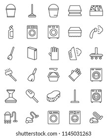 thin line vector icon set - broom vector, vacuum cleaner, mop, bucket, sponge, car fetlock, steaming, washer, washing powder, cleaning agent, rubber glove