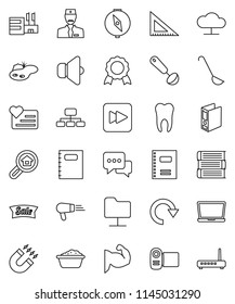 thin line vector icon set - foam basin vector, ladle, book, copybook, corner ruler, compass, medal, magnet, binder, hierarchy, muscule hand, heart monitor, speaker, dialog, forward button, tooth