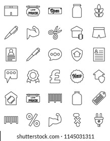 thin line vector icon set - jar vector, pen, medal, personal information, pound, muscule hand, shorts, cereals, no hook, barcode, message, low price signboard, smart home, protect, new, open, coupon