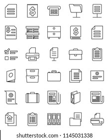 thin line vector icon set - case vector, certificate, document, archive, exam, annual report, binder, clipboard, receipt, newspaper, network folder, estate, catalog, printer