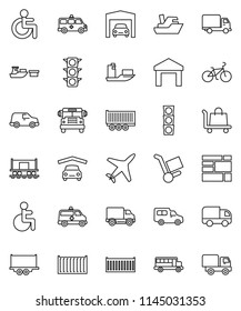 thin line vector icon set - school bus vector, bike, Railway carriage, plane, traffic light, ship, truck trailer, sea container, delivery, car, port, consolidated cargo, warehouse, disabled, garage