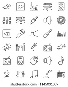thin line vector icon set - music vector, disk, microphone, radio, speaker, loudspeaker, settings, equalizer, forward button, backward, rca, jack