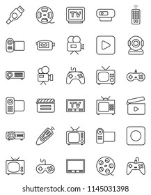 thin line vector icon set - cinema clap vector, film spool, tv, gamepad, video camera, remote control, play button, rec, hdmi, web, projector