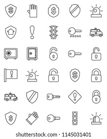 thin line vector icon set - rubber glove vector, dollar shield, safe, attention, traffic light, amkbulance car, lock, unlock, key, sign, siren, home protect, password