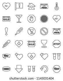 thin line vector icon set - sieve vector, arrow down, heart pulse, prohibition sign, no alcohol, cross, attention, glass, thermometer, vial, undo, stop, sale signboard, low price, love home, new