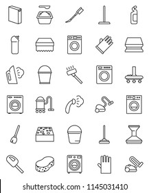 thin line vector icon set - broom vector, vacuum cleaner, mop, bucket, sponge, car fetlock, steaming, washer, washing powder, cleaning agent, rubber glove