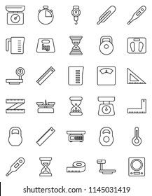 thin line vector icon set - measuring cup vector, scales, corner ruler, sand clock, stopwatch, weight, big, thermometer, store, kitchen