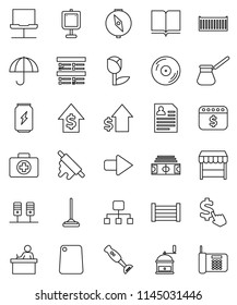 thin line vector icon set - mop vector, rolling pin, cutting board, hand mill, turk coffee, blender, book, student, compass, presentation, exam, dollar growth, personal information, calendar, cursor