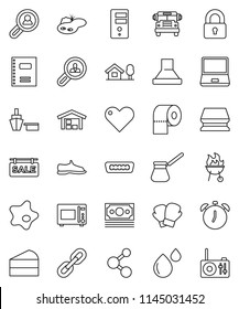 thin line vector icon set - sponge vector, splotch, toilet paper, turk coffee, microwave oven, bbq, cake, copybook, alarm clock, school bus, snickers, boxing glove, molecule, money, port, heart