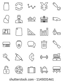 thin line vector icon set - vacuum cleaner vector, trash bin, shining window, cook glove, spatula, ladle, rolling pin, cutting board, jar, university, corner ruler, constellation, case, yen sign