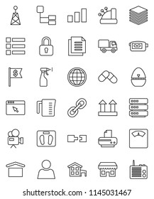 thin line vector icon set - sprayer vector, measuring cup, cook timer, dollar flag, scales, document, dry cargo, top sign, sorting, antenna, video camera, link, pills, big data, browser, globe, user