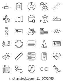 thin line vector icon set - towel vector, house hold, ruler, pie graph, receipt, clock, dollar cursor, heart pulse, clipboard, monitor, route, sorting, protected, eye, doctor hat, hospital building