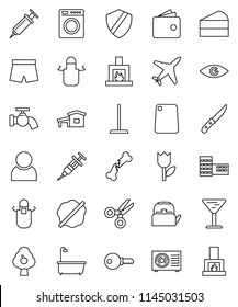 thin line vector icon set - mop vector, water tap, splotch, bath, kettle, apron, knife, cutting board, cake, school building, scissors, wallet, shorts, plane, glass, tulip, eye, syringe, broken bone