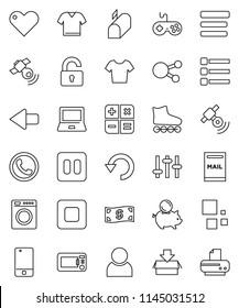 thin line vector icon set - notebook pc vector, piggy bank, t shirt, roller Skates, satellitie, gamepad, settings, mobile phone, social media, heart, pause button, stop, menu, arrow, undo, loading