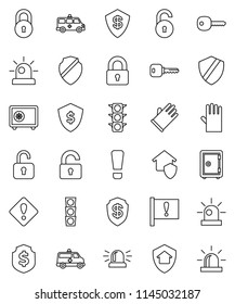 thin line vector icon set - rubber glove vector, dollar shield, safe, attention, traffic light, amkbulance car, lock, unlock, key, sign, siren, home protect
