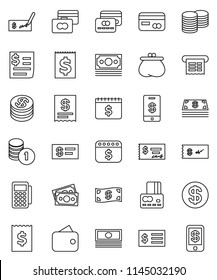 thin line vector icon set - credit card vector, cash, coin stack, check, receipt, dollar calendar, money, wallet, reader, tap pay