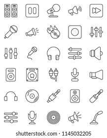 thin line vector icon set - disk vector, music hit, microphone, speaker, loudspeaker, settings, headphones, pause button, forward, rec, rca, jack, equalizer