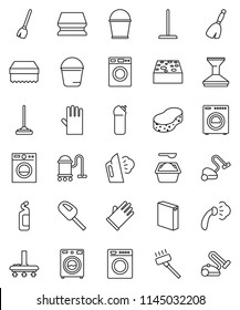 thin line vector icon set - broom vector, vacuum cleaner, mop, bucket, sponge, car fetlock, steaming, washer, washing powder, cleaning agent, rubber glove