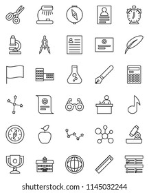 thin line vector icon set - pen vector, university, school building, ruler, drawing compass, glasses, student, apple fruit, microscope, table lamp, calculator, alarm clock, award cup, certificate